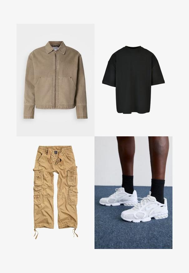 Khaki színű pamut dzseki, elől cipzárral, hegyes gallérral, két nagy elülső zsebbel és varrt díszítéssel a széleken és varratokon.; Fekete, túlméretezett póló bordázott anyagból. Kerek nyakkivágás, rövid ujjú, laza szabású, egyenes alsó résszel. Egyszerű és sokoldalú dizájn.; Khaki színű cargo nadrág több oldalsó zsebbel, gombos záródással, rugalmas derékkal és állítható mandzsettákkal. Tartós anyagból készült.; Fehér sportcipők hálós felsőrésszel, textúrázott díszítésekkel és párnázott talppal. Párban fekete bordázott bokazoknival egy kék szőnyeggel borított felületen.