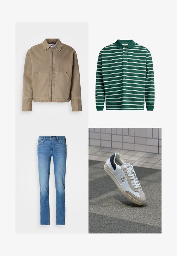 Khaki bomulljakke med glidelåsfront, spiss krage, to store frontlommer og sydd detaljer på kantene og sømmene.; Langermet polo skjorte i mørkegrønn med hvite horisontale striper. Har klassisk krage, tre-knaps placket og ribbestrikkede mansjetter.; Lyseblå denimjeans med rett passform, med tradisjonell fem-lomme-design, messingdetaljer og subtil falming på lårene.; Hvit lær sneakers med beige semsket aksenter, marineblå hælflik og gulllogo. Teksturert såle med dekorativt mønster. Klassisk snøring.