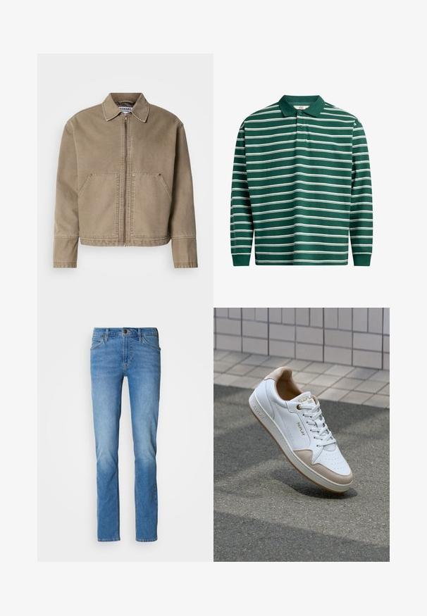 Casaco de algodão cáqui com fecho éclair à frente, colarinho pontudo, dois grandes bolsos frontais e detalhes em costura nas bordas e costuras.; Camisa polo de manga longa em verde escuro com riscas horizontais brancas. Apresenta um colarinho clássico, lista de três botões e punhos canelados.; Jeans de denim azul claro com um corte reto, apresentando um design tradicional de cinco bolsos, ferragens de latão e um desbotar subtil nas coxas.; Sapatilhas brancas em pele com detalhes em camurça bege, atacadores planos, caixa do dedo perfurada e detalhes em dourado no idioma e na lateral.