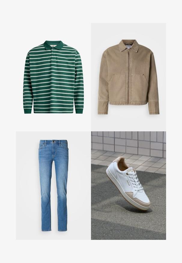 Kakė medvilnės striukė su užtrauktuku priekyje, smailiu apykakliu, dviem didelėm priekinių kišenių ir siuvinėjimu kraštuose bei siūlėse.; Tamsiai žalia ilgomis rankovėmis polo marškinėliai su baltais horizontaliais dryžiais. Yra klasikinis apykaklė, trijų mygtukų užsegimas ir banguoti rankogaliai.; Šviesiai mėlynos džinsinės kelnės su tiesiu siluetu, turinčios tradicinį penkių kišenių dizainą, žalvarines detales ir subtilų blukimą šlaunų srityje.; Beli odiniai sportbačiai su smėlio spalvos zomšos akcentais, plokščiomis raištelėmis, perforuotu pirštų dėklu ir auksiniu logotipo apdailai ant liežuvio ir šono.