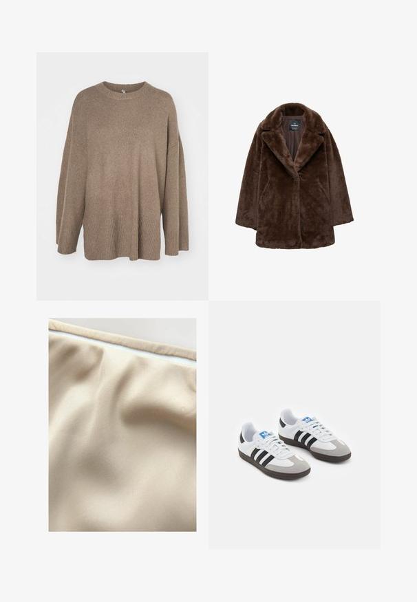 Hnedý umelý kožuch s širokým klopom, zapínaním na jeden gombík a voľným strihom. Mäkká textúra a mierne prehnaný silueta.; Hnedý oversized sveter s rebrovaným lemom, širokými rukávmi a okrúhlym výstrihom. Mäkka textúra, minimalistický dizajn bez vzorov.; Béžová tkanina s hladkou textúrou, obsahujúca jemné záhyby a kontrastný biely zips pozdĺž horného okraja.; Športové topánky s bielym koženým zvrškom, šedou semišovou špičkou a tromi čiernymi pruhmi. Obsahujú modré logo na jazyku a štruktúrovanú gumovú podrážku.