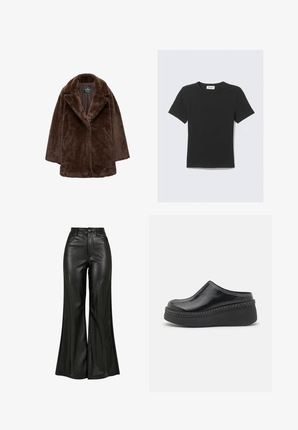 Smeđi lažni krzneni kaput s širokim okovratnikom, zatvaranjem na jedan gumb i opuštenim krojem. Mekana tekstura i blago prekoračeni silueta.; Crna majica kratkih rukava od mekog pamuka, s okruglim izrezom i regularnim krojem, bez vidljivih uzoraka ili naglasaka.; Crne kožne hlače s flared krojem i glatkom teksturom, s visokim strukom, zatvaračem na gumbe i prednjim džepovima. Široki kroj i sjajan završetak.; Crne sjajne platforme s klocnim potplatima, zaobljenim prstom, zakrivljenim gornjim dijelom i kontrastnim bijelim šavovima duž ruba potplata.