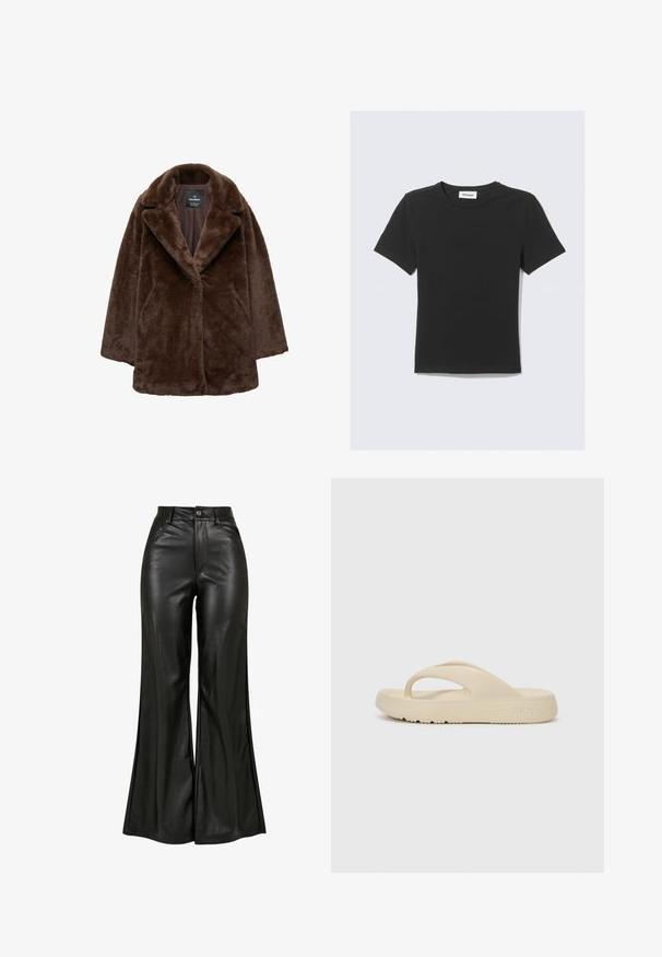 Rjav plašč iz umetnega krzna s širokim ovratnikom, zapiranjem na en gumb in sproščenim krojem. Mehka tekstura in nekoliko prevelika silhueta.; Črna kratka majica s kratkimi rokavi iz mehke bombažne tkanine, s krožnim izrezom okoli vratu in običajnim krojem, brez vidnih vzorcev ali poudarkov.; Črne usnjene hlače s širokimi nogavicami z gladko teksturo, ki imajo visok pas, z gumbom za zapiranje in sprednjimi žepi. Širok kroj in sijajna obdelava.; Bež sandala na flip-flop, izdelana iz gume, z enim prstnim trakom in debelim podplatom s protidrsnim vzorcem. Oznaka z logotipom Fila.