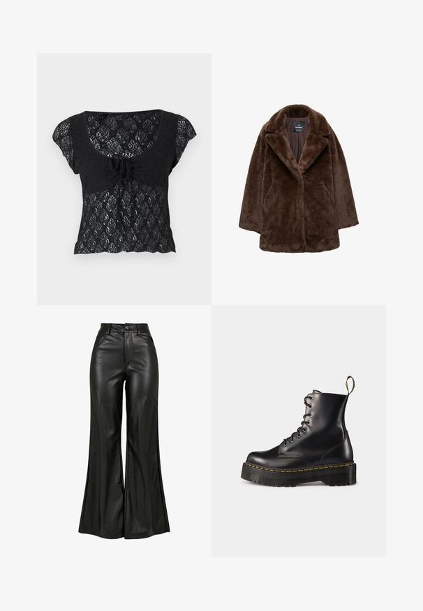 Brauner Kunstpelzmantel mit breitem Revers, einer Knopfleiste und lässiger Passform. Weiche Textur und leicht übergroße Silhouette.; BDG Urban Outfitters QUINN CAP SLEEVE - Top - charcoal; Schwarze Lederhose mit ausgestelltem Schnitt und glatter Textur. Sie verfügt über eine hohe Taille, Knopfverschluss und Vordertaschen. Breites Bein-Design und polierte Oberfläche.; Schwarze Leder-Schnürstiefel mit knöchelhohem Schaft, einer robusten schwarzen Sohle und gelben Nähten. Verfügt über eine Lasche hinten und runde Metallösen.