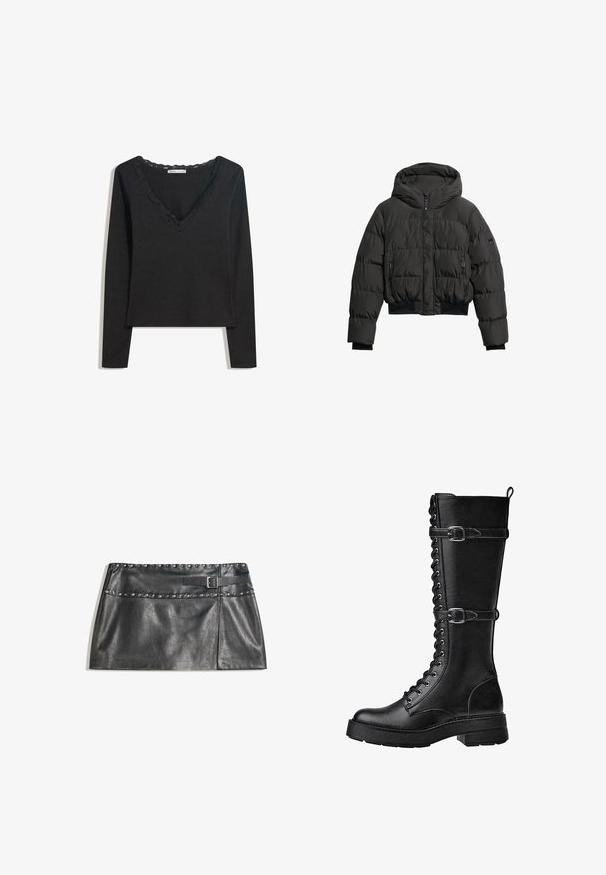 Schwarze cropped Pufferjacke mit Kapuze, ausgestattet mit seitlichen Reißverschlusstaschen, einer glatten Textur und gesteppten Paneeldetails.; Schwarzes Langarmoberteil aus weichem Stoff. Mit tiefem V-Ausschnitt und gewelltem Spitzenbesatz sowie einer taillierten Silhouette. Keine sichtbaren Muster.; Schwarzer Minirock aus Kunstleder mit Nietenakzenten entlang des Bundes, mit einem seitlichen Reißverschluss und einem Gürtel-Detail. Strukturierte Oberfläche.; Schwarzer knöchelhoher Lederstiefel mit vorderem Schnürverschluss, zwei Schnallenriemen, einer Zuglasche und dicker Gummisohle.