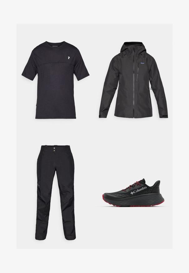Crna nepromočiva jakna s kapuljačom, koja ima prednji zatvarač, bočne džepove i logo zakrpu na gornjem lijevom prsnom dijelu. Glatka tekstura.; Peak Performance TRAIL - Majica kratkih rukava s printom - black; Crne vodootporne hlače s glatkom teksturom, s dva prednja dugmeta i dizajnom suženih nogavica. Istaknute logotipom sa strane.; Crne sportske cipele s teksturiranim gornjim dijelom, crvenim vezicama i logom. Debeli đon s uzorkom za prianjanje. Minimalistički dizajn, bočni prikaz.