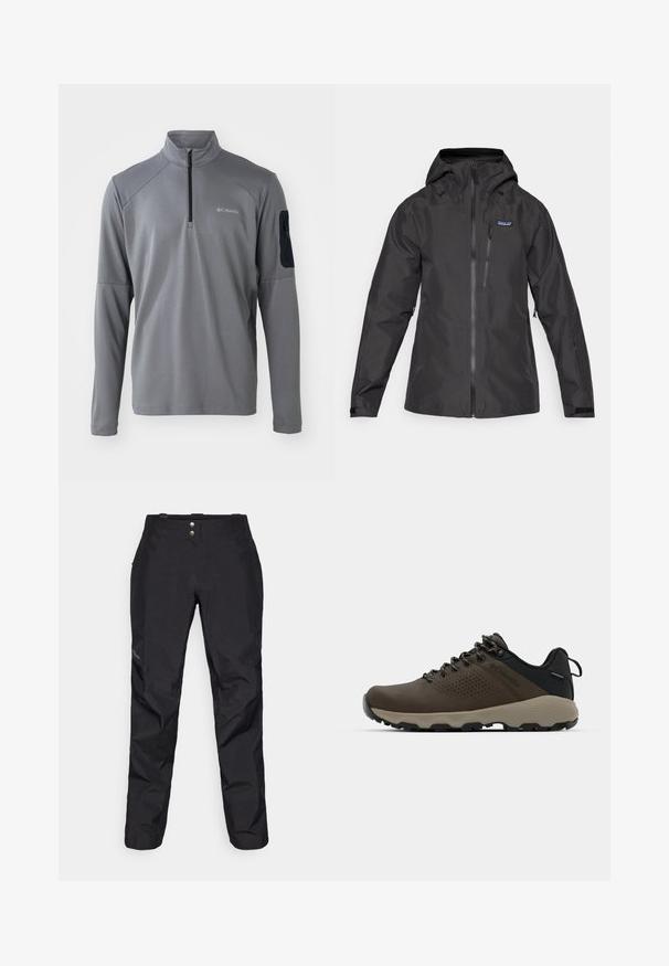 Black waterproof jacket with a hood, featuring a front zipper, side pockets, and a logo patch on the upper left chest. Smooth texture.; Gray long-sleeve pullover with a quarter zip, featuring a textured finish and a black fabric patch on the left arm with a zipper.; Black waterproof pants with a smooth texture, featuring two front buttons and a tapered leg design. Accented with a logo on the side.; Brown waterproof sneakers with a textured upper, perforated accents, black heel support, and a grey rubber sole. Laces are styled with metallic ends.