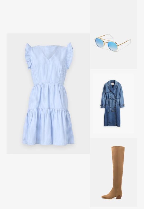 Ebareformiline teksajope keskmises sinises toonis, millel on topeltkanga disain, vööga talje ja nööpidega mansetid koos klassikalise kraega.; Hele sinine triibuline kleit V-dekoltee, lühikeste volangkäiste, kinnise vöökoha ja kihilise seeliku ning pehme, kerge kangaga.; Pöidla kõrgune beežid saapad, mis on valmistatud siledast materjalist, terava varbaga ja madala kuhjatud kontsaga. Lihtne disain, ilma nähtavate mustrite või aktsendita.; Ray-Ban UNISEX - Päikeseprillid - gold-coloured