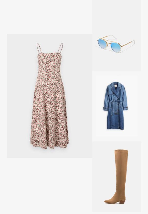 Džinsinis paltas vidutinio mėlynumo atspalvyje, turintis dvigubos krūtinės dizainą, diržą juosmenyje ir mygtukais užsegamus rankogalius su klasikiniu apykakle.; Abercrombie & Fitch CHASE STRAPLESS MIDI DRESS - Kasdienė suknelė - red; Kneiniai rudi batai, pagaminti iš lygaus medžiagos, su smailiu pirštu ir žemu stūmimo kulnu. Paprastas dizainas, be matomų raštų ar akcentų.; Ray-Ban UNISEX - Akiniai nuo saulės - gold-coloured; Daugiaspalvė rankinė su rožinėmis, mėlynomis ir geltonomis dalimis, su auksinėmis detalėmis ir nuimamu oranžiniu kortelių laikikliu. Textūruotas paviršiaus dizainas.