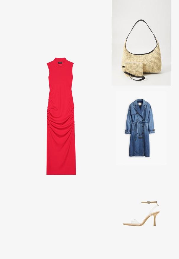 Közepesen kék árnyalatú farmer trench kabát, dupla gombolású kivitele, övvel ellátott derék és gombos mandzsetta klasszikus gallérral.; Piros, ujjatlan maxi ruha, bordázott anyagból, az oldalain ráncolt részletekkel, magas nyakkivágással és karcsú szilhuettel.; Átlátszó felsőrészű, áttetsző sarkú szandál, bézs talpbetéttel és vékony bokapánttal. Hegyes orral és vékony, magas sarokkal rendelkezik.; Fonott szalmakézi táska ívelt sziluettel, sima fekete bőrszíjjal és egy hozzá illő, csuklószíjjal rögzített kis tasakkal.