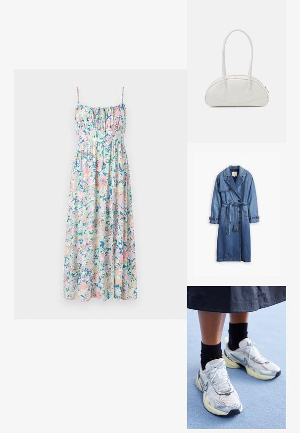 Denim trenchcoat i en mellomblå nyanse, med dobbelte knapper, belte i midjen og knappede mansjetter med klassisk krage.; Blomstrete maxikjole med justerbare spaghetti-stropper. Har pastellfarger, rynker ved brystet og en flytende silhuett. Lett stoff.; Hvite og sølv Nike-sneakers med mesh-stoff, reflekterende detaljer, og en beige såle. Brukt med svarte sokker, stående på en blå overflate.; Even&Odd Håndveske - off-white