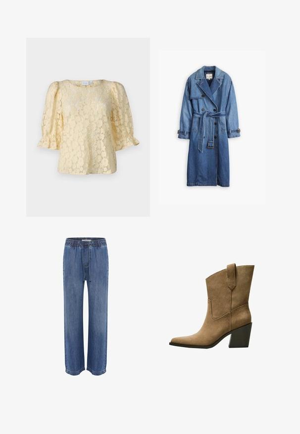 Džínový trenčkot v stredne modrej farbe, s dvojradovým zapínaním, opaskom v páse a gombíkovými manžetami s klasickým golierom.; Krajkový top v jemnej žltej farbe, s naberanými krátkymi rukávmi, okrúhlym výstrihom a kvetinovými vzormi po celej látke.; Modré džíny s elastickým pásom a šnúrkou, s voľným strihom a širokými nohavicami, hladkou textúrou a prešitými okrajmi.; Hnedé semišové kovbojské topánky s špicatou špičkou, obsahujúce stredne vysoký blokový podpätok a jednoduché prešívanie pozdĺž postranných švov.