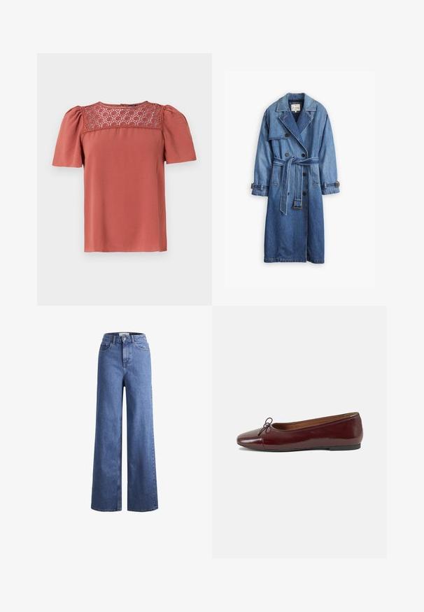 Denim trenchcoat i en mellomblå nyanse, med dobbelte knapper, belte i midjen og knappede mansjetter med klassisk krage.; Rustfarget bluse med korte puffermer og et blondepanel i halsutskjæringen. Glatt stoff med avslappet passform og rett søm.; Lyseblå denim vide benbukser med høy midje, to frontlommer og synlig søm. Har knapp- og glidelås-lukking.; Burgunderrød lakk lær ballettleilighet med rund tå, liten sløyfe foran og en lav, svart gummisåle. Glatt tekstur.