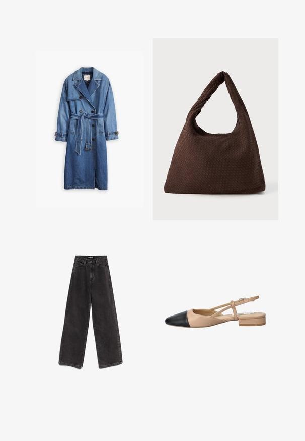 Denim trenchcoat in een medium blauwe tint, met een dubbelzijdig ontwerp, een ceintuur om de taille en knoopmanchetten met een klassieke kraag.; Zwarte T-shirt met korte mouwen en V-hals, met een eenvoudig, aansluitend ontwerp op een witte achtergrond.; Zwarte wijde spijkerbroek van denim, met een hoge taille, vijf zakken en zichtbare stiksels langs de naden en zomen.; Beige en zwarte twee-tonen slingback schoen met een spitse neus, platte hak en kruislings banddetail. Gladde leren textuur.; Bruine geweven tas met een slaconvorm, een enkele lus handvat en een gestructureerd oppervlak. Het ontwerp is hobo-stijl zonder extra bevestigingsmiddelen.