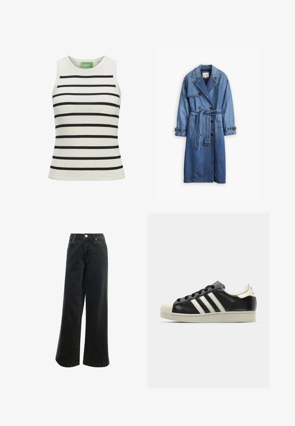 Traperični kaput srednje plave nijanse, s dvostrukim kopčanjem, pojasom u struku i dugmadima na manžetama, s klasičnom kragnom.; Bijeli top bez rukava s crnim horizontalnim prugama, s uskim krojem, okruglim izrezom i glatkom pleteninom. Na oznaci je prikazano ime brenda.; Crne traperice visokog struka sa širokim nogavicama, zatvaranjem na dugme, pet džepova i malim izvezenim logotipom sprijeda. Tekstura tkanine.; Crni kožni tenisice s bijelim prugama, gumeni zaštitni vrh, crne vezice i bijela potplata boje krem. Glatka tekstura s sjajnim završetkom.