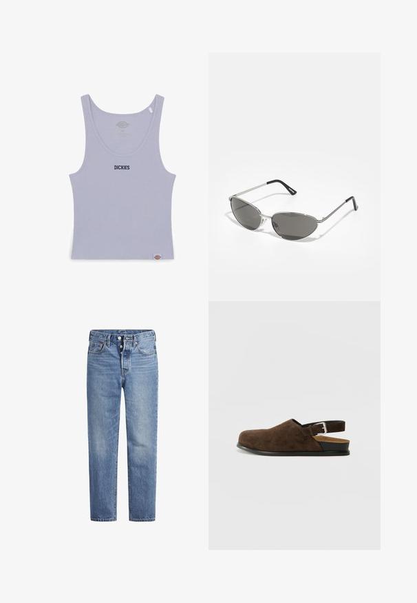 Džinsinis paltas vidutinio mėlynumo atspalvyje, turintis dvigubos krūtinės dizainą, diržą juosmenyje ir mygtukais užsegamus rankogalius su klasikiniu apykakle.; Dickies YORKTOWN VEST - Viršus - cosmic sky; Šviesiai mėlynos džinsinės kelnės su tiesiu kirpimu, penkių kišenių dizainu ir mygtukų užsegimu. Pasižymi subtiliu nusidėvėjimu ir oranžiniais siūlais.; Rudos suede'o slip-on tipo batai su žemu kulnu, reguliuojama juosta su sidabriniu sagtimi ir juodu guminimu padu.; Akiniai nuo saulės su elegantišku sidabro metaliniu rėmu, pilkai tonuotais objektyvais ir aerodinaminiu dizainu, turinčiu smailius kampus ir plonus šonus.