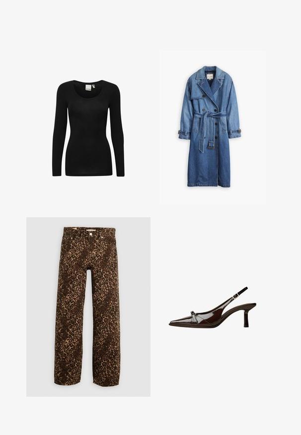 Džínový trenčkot v stredne modrej farbe, s dvojradovým zapínaním, opaskom v páse a gombíkovými manžetami s klasickým golierom.; Čierne dlhé rukávy s okrúhlym výstrihom, vyrobené z mäkkej, elastickej tkaniny. Má priliehavý strih a minimalistický dizajn.; Džínsy s potlačou leopardieho vzoru, široké nohavice v hnedej a béžovej farbe. Vyrobené z denimu, s klasickým dizajnom piatich vreciek a kovovými detailmi.; Hnedá laková slingback obuv s špicatou špičkou, nízkym opätkom a dekoratívnou mašľou vpredu. Hladká, lesklá štruktúra.