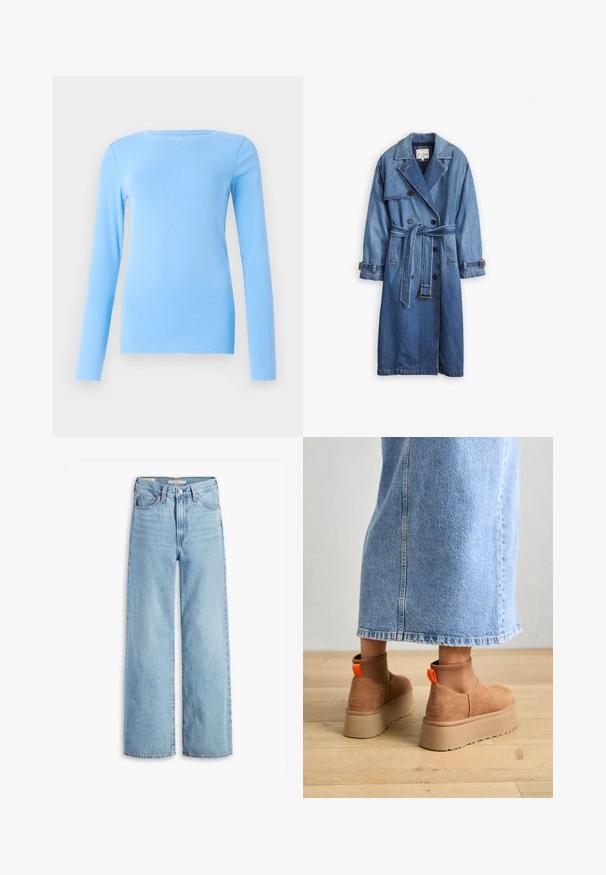 Denim-Trenchcoat in einem mittleren Blauton mit einem doppelt knöpfbaren Design, tailliertem Gürtel und geknöpften Manschetten sowie einem klassischen Kragen.; GAP CREW - Langarmshirt - union blue; Hochgeschnittene, hellblaue Schlagjeans mit Frontknopf und Reißverschluss, Gürtelschlaufen und fünf Taschen.; Braune Wildleder-Plateau-Stiefel mit elastischen Seitenpaneelen und orangen Zuglaschen, kombiniert mit einem knielangen hellen Jeansrock auf einem Holzboden.