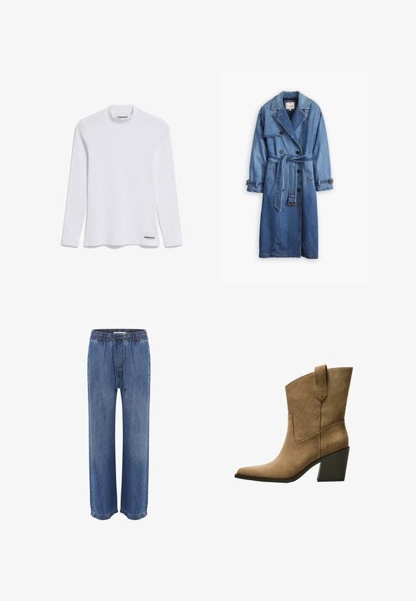 Denim-Trenchcoat in einem mittleren Blauton mit einem doppelt knöpfbaren Design, tailliertem Gürtel und geknöpften Manschetten sowie einem klassischen Kragen.; Langärmliges weißes Top aus geripptem Baumwollstoff. Verfügt über einen hohen Kragen und ein kleines schwarzes Etikett mit "ARMEDANGELS" am unteren Saum.; Blaue Jeans mit elastischem Bund und Kordelzug, im lässigen Schnitt mit weitem Bein, glatter Textur und gesteppten Säumen.; Braune Wildleder-Stiefel im Cowboy-Stil mit einer spitzen Zehe, die einen mittelhohen Blockabsatz und einfache Nähte entlang der Seitennaht aufweisen.