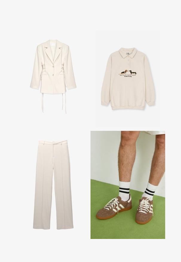 Crèmekleurige blazer met een getailleerde pasvorm, dubbele knoopsluiting en vetersluiting aan de zijkanten. Bevat gestructureerde schouders en lange mouwen.; Kaotiko CREW PUPPIES UNISEX - Poloshirt - beige; Wijde broek in lichtbeige stof met een gladde textuur. Heeft een nauwsluitende tailleband, voorplooien en geen zichtbare zakken.; Bruine suède sneakers met witte accenten en veters. Rubberen gumzool. Draag met witte sokken met zwarte strepen. Groene gestructureerde vloer.