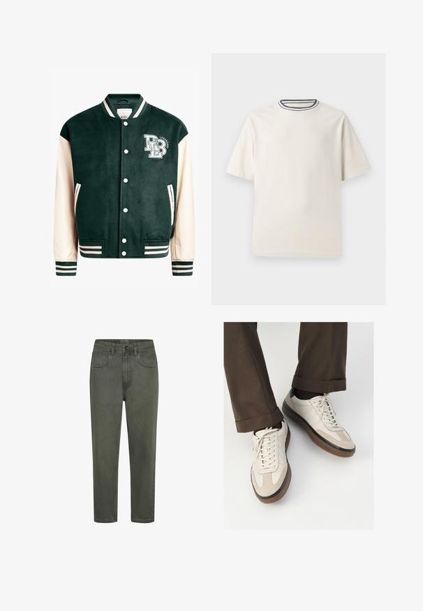 Mørkegrøn varsityjakke med cremefarvede ærmer, ribbede manchetter og krave. Forsiden har et logo med hvid skrift, trykknapper og sidelommer.; Cremefarvet bomulds t-shirt med korte ærmer, der har en rund halsåbning accentueret med marineblå og hvide striber. Glat tekstur, afslappet pasform.; Grønne bomulds chinos med en lige silhuet, der har bæltestropper, forlommer og en knappelukning. Glat tekstur med minimal syning.; Beige sneakers med en struktureret ruskind front, glatte lædersider og en brun gummisål. Snørebånd og let stikning er inkluderet.