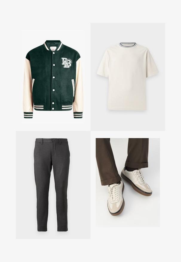 Veste de varsity verte foncée avec des manches crème, des poignets et un col côtelés. À l'avant, elle présente un logo avec des lettres blanches, des boutons-pression et des poches latérales.; T-shirt en coton couleur crème à manches courtes, avec un col rond accentué de rayures bleu marine et blanches. Texture lisse, coupe décontractée.; Only & Sons MARK CHECK  - Chino - coffee bean; Baskets beiges avec un devant en suède texturé, côtés en cuir lisse et semelle en caoutchouc brun. Lacets et détails de couture légère inclus.