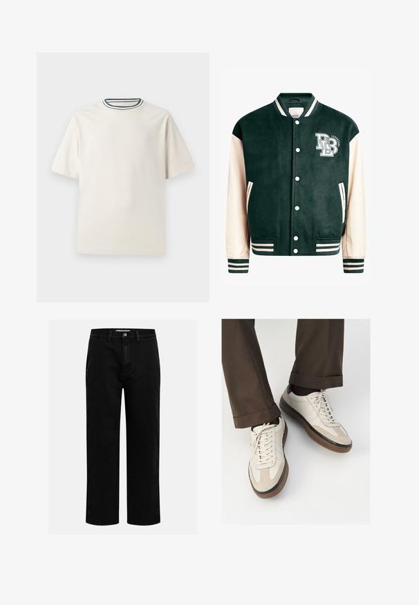 Tumma vihreä yliopistotakki, jossa on kermahelmaiset hihat, ribbiohjaimet ja kaulus. Edessä on logo valkoisilla kirjaimilla, napit ja sivutaskut.; Kermanvärinen puuvillapaita lyhyillä hihoilla, jossa on pyöreä pääntie, jota korostavat laivastonsininen ja valkoinen raita. Sileä rakenne, rento istuvuus.; Musta denimpanssarit suoran lahkeen leikkauksella, klassinen viiden taskun suunnittelu ja nappisuljenta vyötäröllä. Sileä tekstuuri ja kestävä kangas.; Beige tennarit, joissa on teksturoidut mokkasiinimaiset etuosat, sileät nahkasaumat ja ruskea kumipohja. Narut ja vaaleat ompelutiedot mukana.