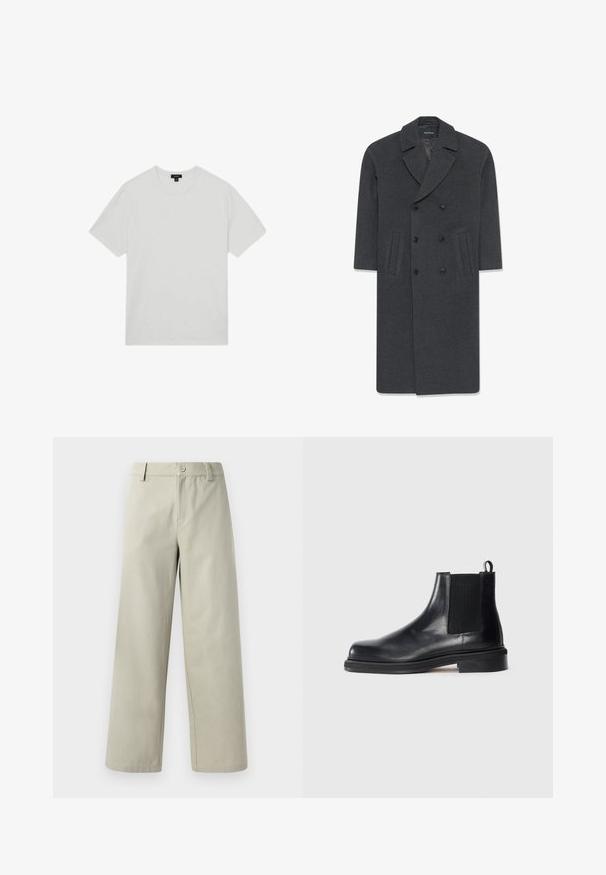 Harmaa villainen kaksirivinen takki, jossa on viiltokaulus, kaksi etutaskua ja napitus. Sileä pinta ja istuva muotoilu.; Valkoinen puuvillapaita, jossa on pyöreä kaula-aukko, lyhyet hihat ja rento istuvuus. Sileä pinta, ei kuvioita tai koristeita.; Han Kjøbenhavn WIDE LEG - Housut - light grey; Musta nahkainen Chelsea-saapas, jossa on elastinen sivupaneeli, pyöreä kärki, vetonauha kantapäässä ja matala pinoiltu pohja yksinkertaisella taustalla.
