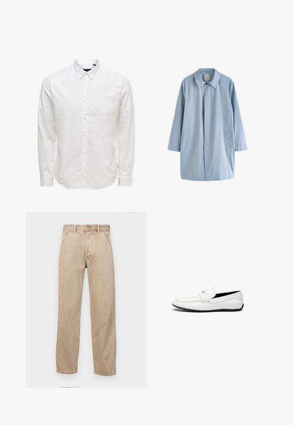 Jasnoniebieski długi płaszcz z gładkiego materiału. Posiada kołnierz, zapięcie na guziki z przodu oraz dwie boczne kieszenie. Minimalistyczny design o prostym kroju.; Biała, długi rękaw, koszula z guzikami z kołnierzykiem, o gładkiej fakturze i sześciu guzikach z przodu. Dopasowany krój z mankietami.; Beżowe dżinsy o prostym kroju, z przednimi kieszeniami, metalowym zapięciem na guzik i delikatną teksturą.; Białe skórzane mokasyny o gładkim wykończeniu, z przeszytym akcentem, zaokrąglonym noskiem i czarną gumową podeszwą dla lepszej przyczepności.