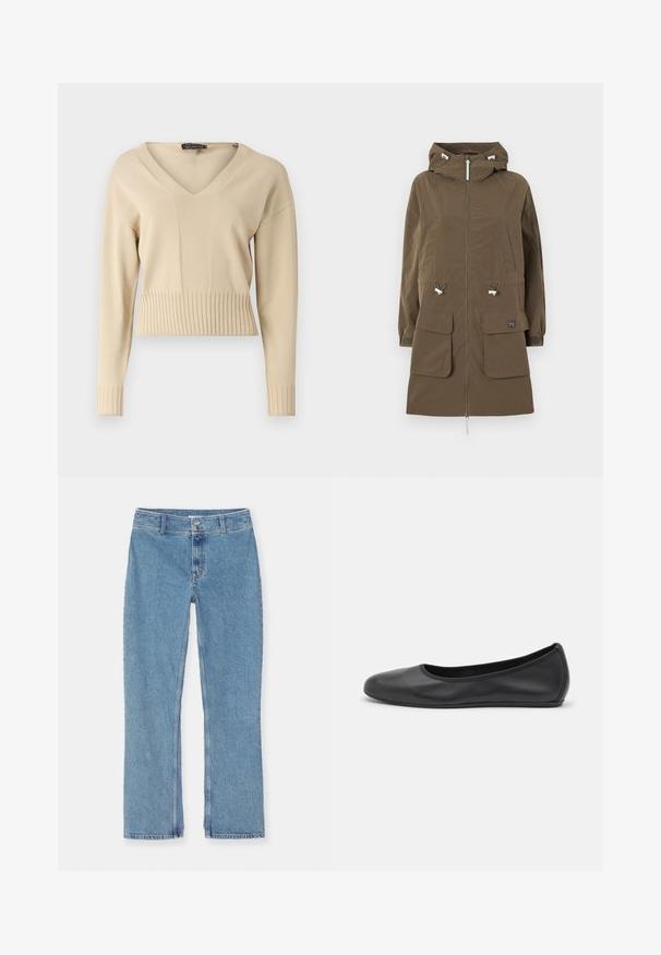 Parka marrone con cappuccio, chiusura con zip, due tasche frontali, cordini regolabili e polsini elasticizzati. Realizzato in un tessuto testurizzato.; Pullover beige lavorato a maglia con scollatura a V, maniche lunghe e orlo e polsini a coste. Il tessuto ha una texture liscia.; Jeans in denim blu chiaro con gamba dritta, chiusura con bottone e zip, passanti per cintura e cuciture standard su sfondo bianco.; Pantofole da balletto nere in pelle con punta arrotondata, texture liscia, dettagli di cucitura minimi e design con suola flessibile.