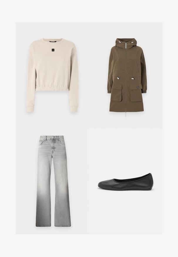 Parka marrone con cappuccio, chiusura con zip, due tasche frontali, cordini regolabili e polsini elasticizzati. Realizzato in un tessuto testurizzato.; Felpa beige tagliata con scollatura rotonda, maniche lunghe e orlo arricciato; presenta un piccolo logo nero sulla parte anteriore.; Jeans a gamba larga in denim grigio con vita alta, texture sbiadita, cinque tasche e patta con zip e chiusura a bottone.; Pantofole da balletto nere in pelle con punta arrotondata, texture liscia, dettagli di cucitura minimi e design con suola flessibile.