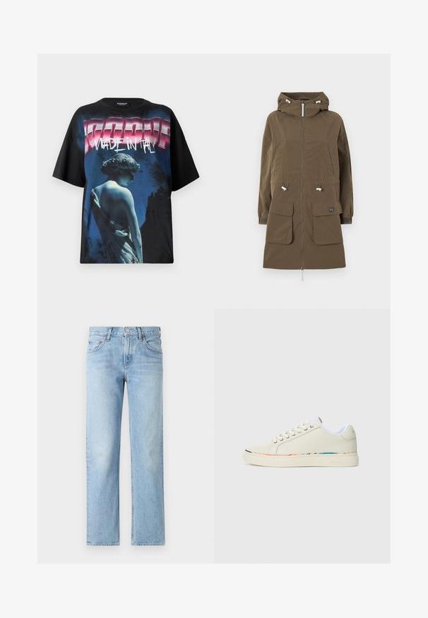 Brun parka-jakke med hette, glidelås, to frontlommer, justerbare snorer og elastiske mansjetter. Laget av et teksturert stoff.; Svart oversized t-skjorte med et grafisk trykk av en statue i blåtoner og fet tekst "MADE IN ITALY" i rosa og hvitt.; Lyseblå denimjeans med rett passform, fem lommer, knapp- og glidelås-lukking, og en lett falmet finish.; Off-white lav top sneaker med snøring, hvit innvendig fôr og subtilt flerfarget trim langs sålekanten, sidevisning.