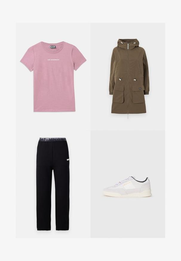 Parka castanha com capuz, fecho de correr, dois bolsos frontais, cordões ajustáveis e punhos elásticos. Feita de um tecido texturizado.; T-shirt rosa de mangas curtas com decote redondo e logotipo branco "EA7 Emporio Armani" centralizado no peito e etiqueta no pescoço.; Calças de jogging pretas com uma textura suave e elegante, apresentando uma cintura elástica com um logótipo e um detalhe de destaque lateral. Design de perna reta.; Paul Smith DOVER - Sapatilhas - white
