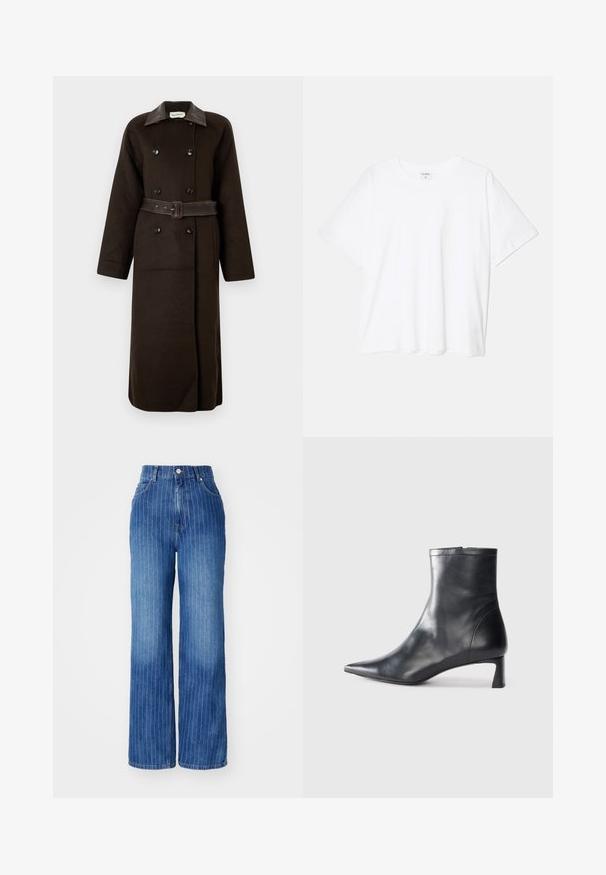 Duga tamnosmeđa dvoredna jakna s crnim gumbima, širokim kožnim ovratnikom i odgovarajućim remenom vezanim u struku.; Bijela pamučna majica s kratkim rukavima, okruglim izrezom, opuštenim krojem i šivenim rubom. Etiketa je vidljiva na unutarnjoj strani vrata.; Plave traperice širokih nogavica s vertikalnim bijelim prugama, visokog struka, i dizajnom s pet džepova, s kopčanjem na gumb i patentni zatvarač.; Crne kožne gležnjače s uskim vrhom i elegantnim dizajnom. Imaju niski potpetak i zatvaranje na patentni zatvarač straga. Glatka tekstura.