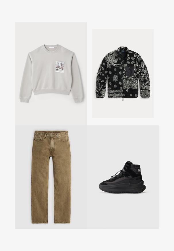Fekete és szürke mintás bolyhos dzseki cipzárral elöl, texturált anyagból, fekete mellzsebbel. Forgó és pöttyös mintázattal rendelkezik.; Világosszürke, rövid fazonú pulóver, puha anyagból készült, elülső zsebében fényképnyomattal. Bordás mandzsettákkal és aljjal.; Világosbarna farmernadrág egyenes szárú fazonnal, ötpocket stílusban és rézszínű kiegészítőkkel. Texturált anyag, látható varrási részletekkel.; Fekete magas szárú sneaker vastag talppal, fűzős elülső résszel, párnázott bokarésszel és texturált oldallapokkal egy sima világos háttér előtt.