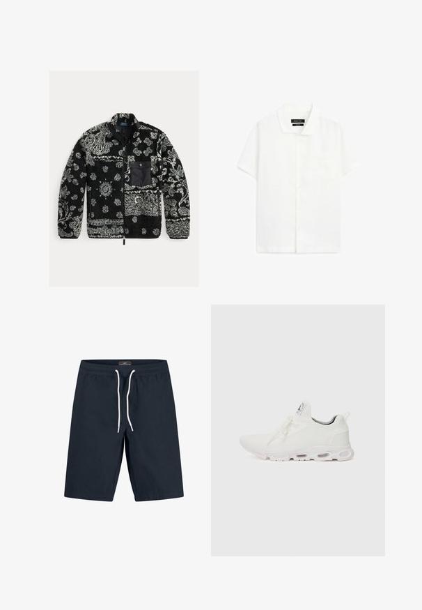 Černá a šedá vzorovaná fleecová bunda se zipem vpředu, texturovaný materiál a černá náprsní kapsa. Obsahuje vířící a tečkované vzory.; Bílá košile s krátkým rukávem vyrobená z lehkého materiálu, s klasickým límečkem, zapínáním na knoflíky a jednou náprsní kapsou.; Námořnické modré plavky vyrobené z lehkého materiálu, se strečovým pasem a bílou šňůrkou na stažení, mají rovný střih.; Bílé sportovní boty s texturovaným pleteným svrškem, plochými tkaničkami a polstrovanou podešví s viditelnými vzduchovými komorami pro zvýšenou podporu.