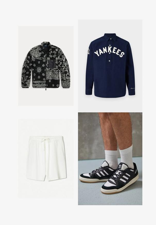 Schwarze und graue gemusterte Fleecejacke mit einem Reißverschluss, strukturiertem Stoff und einer schwarzen Brusttasche. Mit wirbelnden Mustern und Punkten.; Marineblaue langärmelige Hemd mit dem aufgestickten Schriftzug "YANKEES" in Weiß über der Brust, ausgestattet mit einer Knopfleiste und geradem Saum.; Weiße sportliche Shorts aus leichtem Stoff mit einem elastischen Bund und einem Kordelzug sowie seitlichen Taschen. Glatte Textur.; Schwarz-weiße Sneaker mit einem Obermaterial aus Wildleder und Leder, ausgestattet mit drei weißen Streifen, einer perforierten Zehenpartie und einer Sohle aus Gummi.