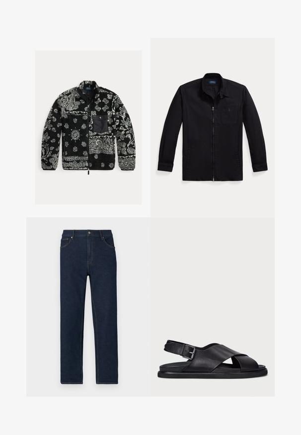 Jachetă din fleece cu un model alb-negru și gri, cu fermoar frontale, material texturat și un buzunar pe piept de culoare neagră. Prezintă un model de spirale și puncte.; Jachetă neagră din material ușor, cu fermoar în față, guler tip point și buzunar pe piept stâng cu logo. Mâneci lungi cu detalii la manșetă.; Jeans din denim albastru închis cu croială dreaptă, design cu cinci buzunare și cusături vizibile. Dispune de o închidere cu nasture la talie.; Polo Ralph Lauren ZANE LEATHER SANDAL - Sandale - black