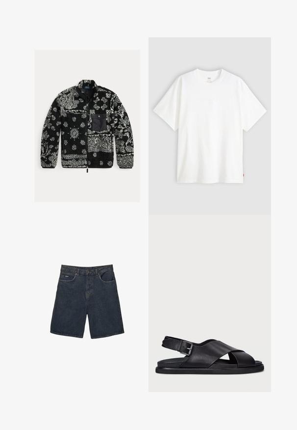 Černá a šedá vzorovaná fleecová bunda se zipem vpředu, texturovaný materiál a černá náprsní kapsa. Obsahuje vířící a tečkované vzory.; Bílý krátký rukáv tričko vyrobené z bavlny s kulatým výstřihem. Na přední straně se nachází decentní embosované logo a červená cedulka na lemu.; Džínové šortky v tmavě modré barvě, s klasickým pětipocket designem, poutky na opasek a zapínáním na knoflík; texturovaná tkanina s mírným blednutím.; Polo Ralph Lauren ZANE LEATHER SANDAL - Páskové sandály - black
