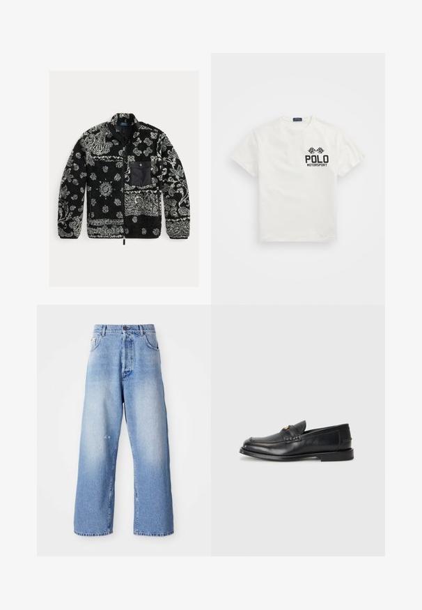 Crna i siva flis jakna s uzorkom, s patentnim zatvaračem sprijeda, teksturirani materijal i crna prsna džep. Sadrži zavojite i točkastne uzorke.; Bijela pamučna majica s okruglim izrezom, sa crnim logom "Polo Motorsport" i unakrsnim kockastim zastavicama na lijevoj strani prsnog dijela.; Svijetloplavi traper široki traperice s izblijedjelim završetkom, s kopčanjem na gumb, petljama za remen i malim oštećenjima u blizini koljena.; Crne kožne mokasine imaju zaobljen vrh, šivane detalje i mali zlatni akcent na prednjem delu. Đon je ravan i diskretan.