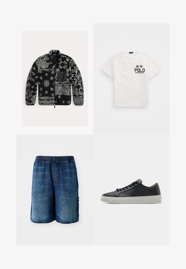 Černá a šedá vzorovaná fleecová bunda se zipem vpředu, texturovaný materiál a černá náprsní kapsa. Obsahuje vířící a tečkované vzory.; Bílý bavlněný tričko s kulatým výstřihem, s černým logem "Polo Motorsport" a zkříženými šachovnicovými vlajkami na levé hrudi.; Džíny šortky s elastickým pasem, střižené nad kolena, ve středně modrém odstínu, s jemným vyblednutím a postranními kapsami.; Černé kožené tenisky s hladkým povrchem, kulatou špičkou a černými šňůrkami. Disponují silnou bílou gumovou podrážkou s jemnými geometrickými akcenty.
