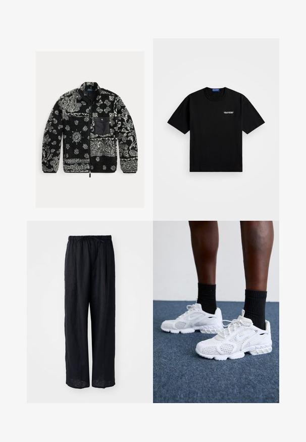 Svart og grå mønstrete fleecejakke med glidelås foran, teksturert stoff og en svart brystlomme. Har sirkulære og prikkete mønstre.; Svart bomull T-skjorte med rund hals og korte ermer. Har "POLO SPORT" logo på venstre bryst i hvitt. Standard passform.; Svarte lin vide bukser med snøring i livet og avslappet passform. Glatt tekstur, uten synlige mønstre eller hardware detaljer.; Hvite joggesko med mesh-overdel, teksturerte detaljer og polstret såle. Kombinert med svarte ribbede ankelstrømper på et blått teppet.