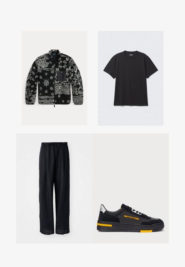 Schwarze und graue gemusterte Fleecejacke mit einem Reißverschluss, strukturiertem Stoff und einer schwarzen Brusttasche. Mit wirbelnden Mustern und Punkten.; Schwarzes T-Shirt mit kurzen Ärmeln aus Baumwolle. Hat einen Rundhalsausschnitt und eine lockere Passform. Einfaches Design ohne sichtbare Muster oder Akzente.; Schwarze Leinen-Hosen mit weitem Bein, elastischem Taillenband und lockerer Passform. Glatte Textur, keine sichtbaren Muster oder Hardware-Details.; Schwarze Sneaker mit einem Obermaterial aus Wildleder und Mesh, gelben Akzenten und einer dicken schwarzen Sohle. Schnürverschluss und "POLO SPORT"-Markenlogo an der Seite.