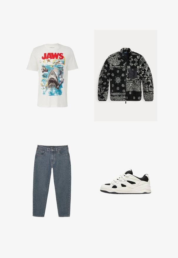 Black and gray patterned fleece jacket with a zippered front, textured fabric, and a black chest pocket. Features swirling and dot patterns.; White cotton t-shirt featuring a graphic design of a shark and beach elements. Text "JAWS" in bold red, with colorful imagery and accents.; Dark blue denim jeans with a relaxed fit, five-pocket design, button closure, and slightly frayed hem. Durable material with subtle texture.; White and black athletic shoes with a textured sole, featuring cut-out designs on the sides and laces, and a cushioned back for support.