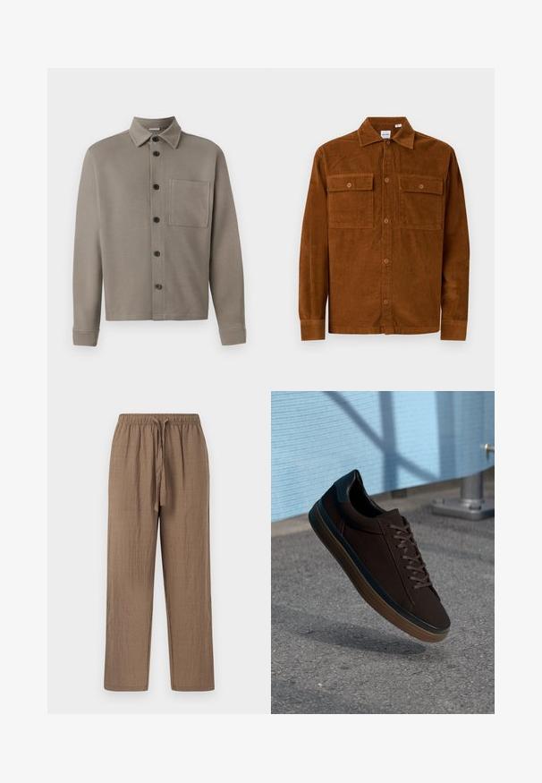 Braunes Cordhemd mit langen Ärmeln, Knopfleiste, zwei geknöpften Brusttaschen und einem Kragen auf weißem Hintergrund.; Helles graues Hemd mit Knöpfen aus weichem Stoff; es hat einen spitzen Kragen, lange Ärmel und eine einzelne Brusttasche. Schwarze Knöpfe zieren die Vorderseite.; Braune, leichte, gewebte Hosen mit einer strukturierten Oberfläche. Verfügt über einen elastischen Bund und eine Kordel für eine verstellbare Passform. Gerader Schnitt.; Braune Sneaker mit einem glatten Obermaterial aus Wildleder, runder Schuhspitze und schwarzen Lederakzenten. Mit braunen Schnürsenkeln, Gummisohle und dezenten Perforationsdetails.
