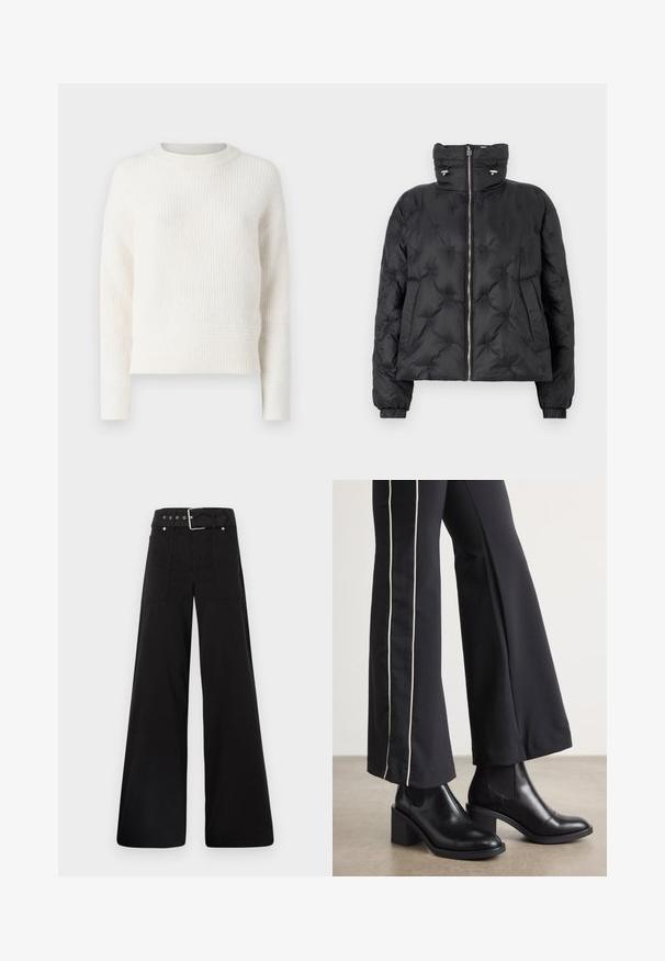 Juodas pūkinis švarkas su aukštu apykakle, užtrauktuku priekyje, elastinėmis rankogaliais ir siuvinėjimo raštu, turintis šonines kišenes.; Kreminės spalvos apknituota megztinė su apvaliu iškirpimu, ilgomis rankovėmis ir sutrumpintu apačiu. Minkšta tekstūra su subtiliomis horizontaliomis linijomis.; Juodos plačios kojų kelnės, pagamintos iš medvilnės, su aukšta liemene, didelėmis šoninėmis kišenėmis ir diržu, papuoštu sidabriniais akcentais.; Juodi odiniai auliniai batai su plataus bloko kulnu, turintys elastines šonines dalis. Sukomplektuoti su juodomis kelnėmis, turinčiomis baltą šoninės juostą.