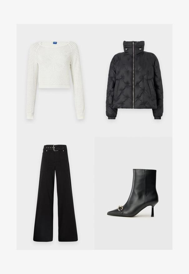 Čierna nafúknutá bunda s vysokým golierom, zipsom vpredu, elastickými manžetami a prešívaným dizajnom s tónovým švom a bočnými vreckami.; Biely skrátený pletený sveter s textúrovaným vzorom, so vzorom motýľa v strede a rebrovanými manžetami na rukávoch.; Čierne nohavice so širokými nohavicami vyrobené z bavlny, s vysokým pásom, veľkými bočnými vreckami a opaskom s prackou so striebornými detailmi.; Čierna kožená členková obuv s špicatou špičkou, štíhlým stredne vysokým podpätkom a striebornou sponou na boku na jednoduchom pozadí.