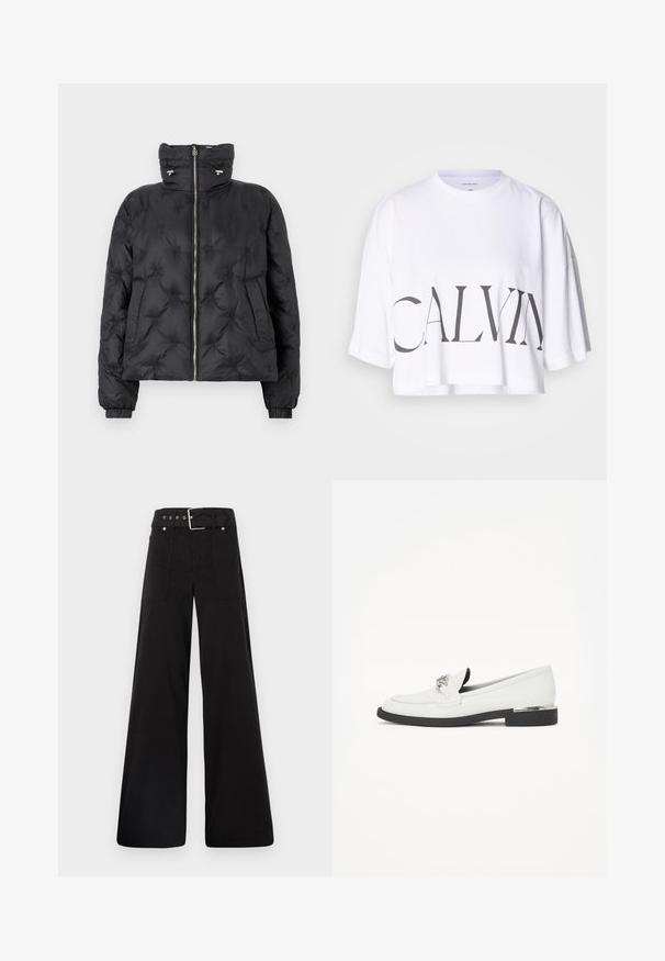 Black puffer jacket with a high collar, zip front, elastic cuffs, and a quilted design featuring tonal stitching and side pockets.; White cropped t-shirt made of cotton, featuring bold black lettering "CALVIN" across the front. Short sleeves and a relaxed fit.; Black wide-leg trousers made from cotton, featuring a high waist, large side pockets, and a belted waist with silver hardware accents.; White leather loafers with a low black sole, silver hardware accent on the front, and a smooth, structured design.