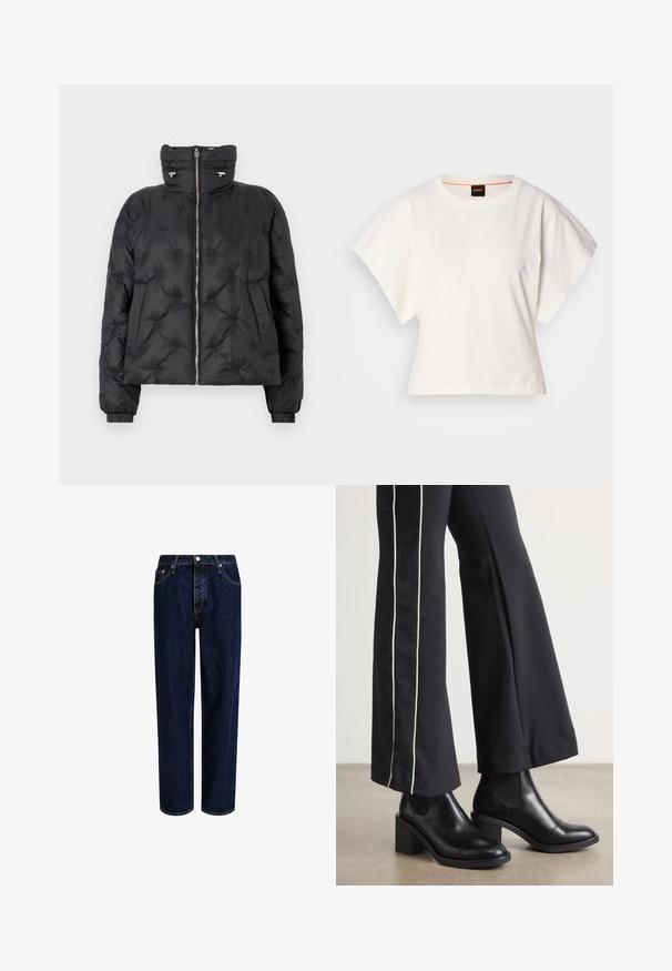 Casaco puffer preto com colarinho alto, fecho com zíper à frente, punhos elásticos e um design acolchoado com costuras tonais e bolsos laterais.; T-shirt branco cropped, mangas curtas e largas, material de algodão suave, decote redondo com um discreto acabamento laranja, design minimalista, sem padrões ou gráficos.; Jeans de ganga azul escuro com um design de perna reta, apresentando uma cintura alta, estilo de cinco bolsos e costura em contraste. Sem adornos.; Botas de tornozelo em couro preto com um salto bloco, apresentando painéis laterais elásticos. Combinadas com calças pretas que têm uma faixa lateral branca.