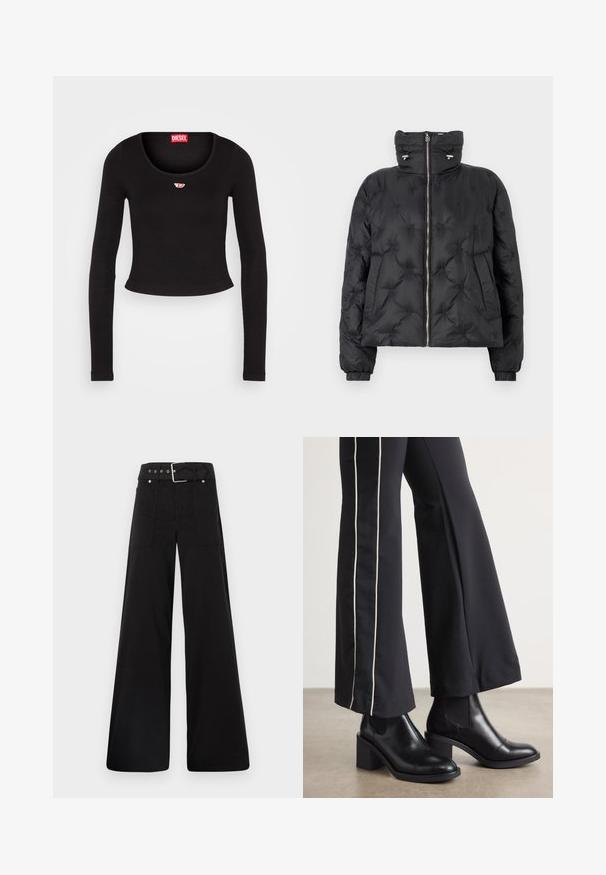 Schwarze Daunenjacke mit hochgeschlossenem Kragen, Reißverschluss vorne, elastischen Bündchen und einem gesteppten Design mit Ton-in-Ton-Nähten sowie seitlichen Taschen.; Schwarzes Langarm-Crop-Top aus geripptem Stoff. Verfügt über einen Rundhalsausschnitt und ein kleines rot-weißes Logopatch auf der Brust.; Schwarze weitgeschnittene Hose aus Baumwolle, mit hoher Taille, großen Seitentaschen und einem taillierten Bund mit silbernen Hardware-Akzenten.; Schwarze Lederstiefeletten mit einem Blockabsatz, ausgestattet mit elastischen seitlichen Einsätzen. Kombiniert mit schwarzen Hosen, die einen weißen Seitenstreifen haben.